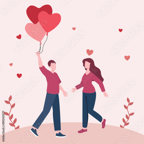 Man Gives Bunch of Balloons in Shape of Heart to Attractive Young Woman. Beautiful Smiling Couple Romantic Proposal. Happy diversity couple on 14 February, Valentines day. Vector illustration