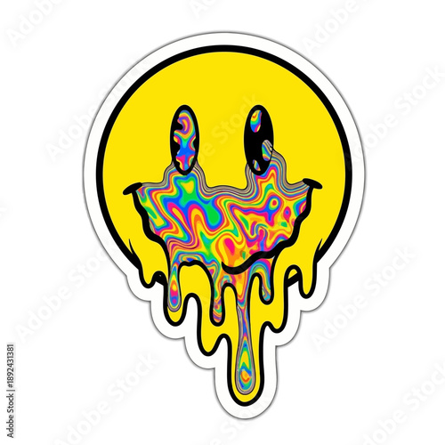Vibrant Melting Smiley Face Sticker with Psychedelic Design.
