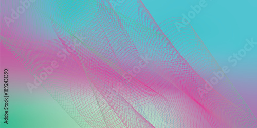 Abstract colorful background featuring soft flowing wave shapes and fine line mesh patterns in pastel cyan, pink, and purple gradients, creating a light airy motion effect, modern elegant abstract