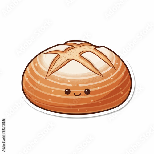 A cartoon illustration of a smiling round bread with a crusty texture and a cheerful face.