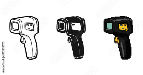 Infrared thermometer in three artistic styles: sketch, solid, pixel