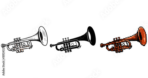 Three trumpet illustrations: sketch, silhouette, pixel art styles