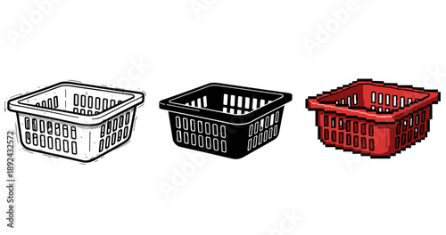 Three basket designs: white, black, red pixelated variations on white background