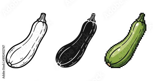 Digital and hand-drawn zucchini: black, white, and pixel art variations