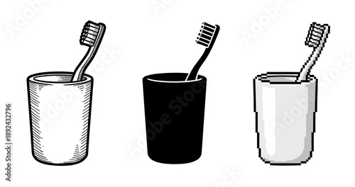 Vector toothbrush in cup: black and white and pixel art styles