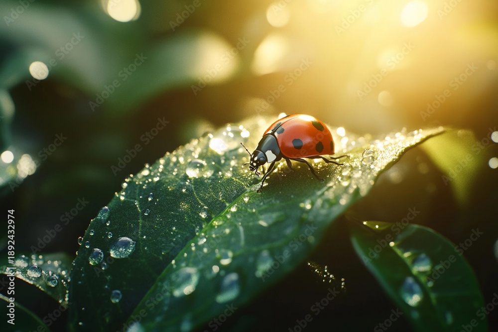 Obraz premium Ladybug crawling on dewy green leaf