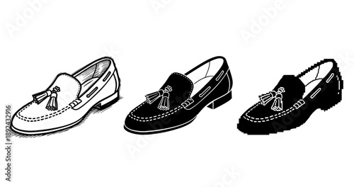 Black and white loafers with tassels in three artistic styles