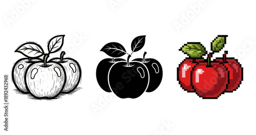 Stylized apple trio: sketch, silhouette, and pixel art variations