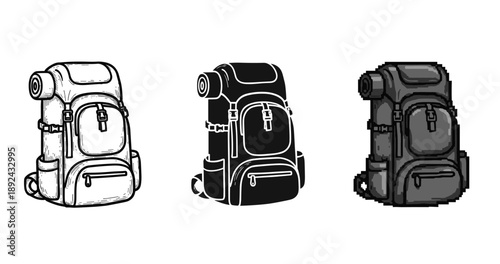 Three backpack styles: sketch, silhouette, pixel art designs on white background