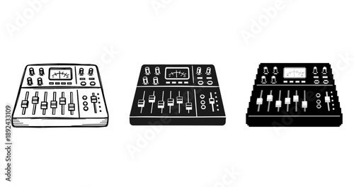 Set of three audio mixers in black and white illustration