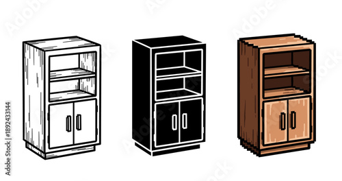 Three distinct cabinet styles in black and white, silhouette, and pixel art