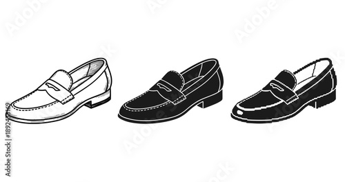 Classic loafers sketch in three styles: outline, solid, and pixel art