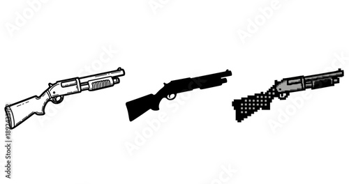 Three shotgun styles: vector outline, silhouette, pixelated