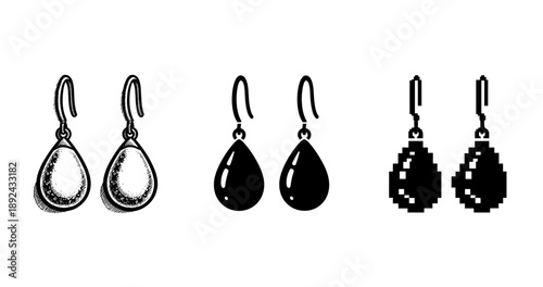 Three styles of teardrop earrings: engraved, solid, pixelated silhouettes