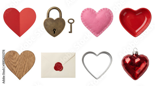 Heart shape set including paper, padlock, felt, dish, wood, envelope, cutter, and bauble variants isolated. Valentine's day and romantic love symbols collection.