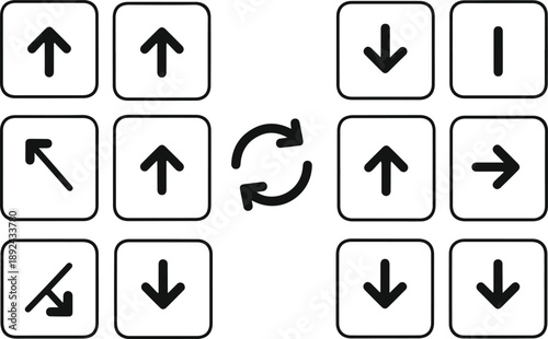 Minimalist vector arrow collection featuring navigation buttons square interface icons and financial trend line symbols