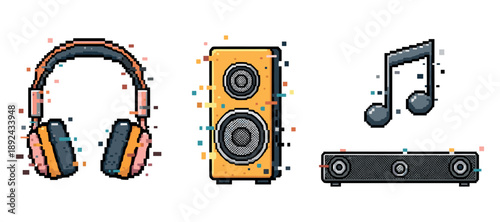 Colorful pixel art of headphones speakers music note and soundbar. Not editable stroke