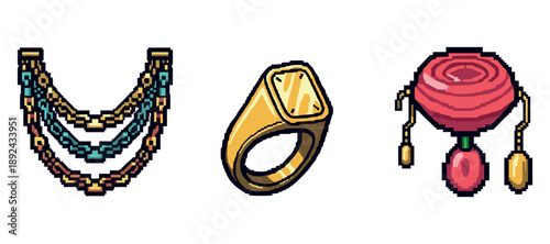 Pixel art jewelry collection: necklace, ring, and earrings. Not editable stroke