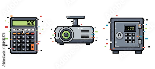 Retro pixel art of calculator, film projector, and safe with numeric displays. Not editable stroke