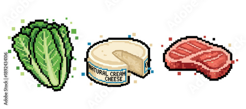 Pixel art of lettuce, cream cheese, and steak: retro food illustration. Not editable stroke