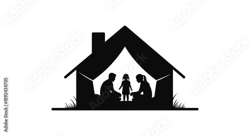 A simple black silhouette depicts a family inside a house representing home and togetherness silhouette high quality professional