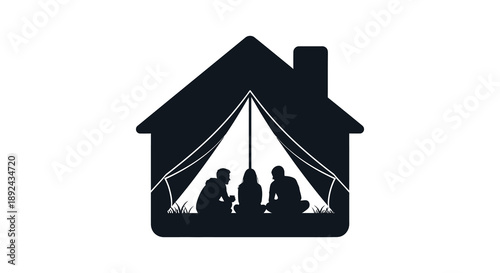 A simple black illustration depicts a house and tent with figures around a campfire a striking silhouette