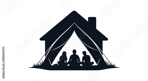 A family sits together inside a tent framed by a house shape creating a cozy home like silhouette