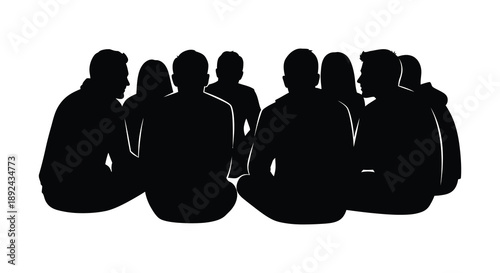 A group of people are depicted in a dark solid form against a white background creating a striking silhouette