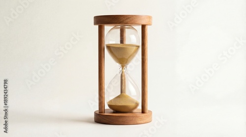 Classic wooden hourglass with golden sand on a white background. Symbol of time, patience, and deadline. Minimalist composition, vintage look, countdown concept, and timeless object 
