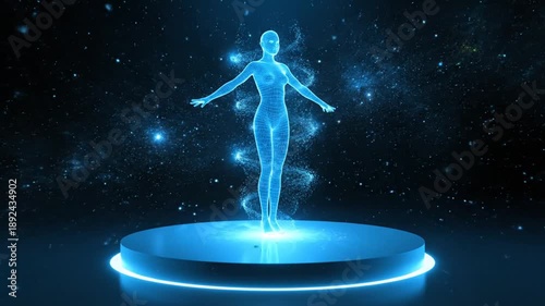 Glowing Blue Female Figure on Platform in Space Seamless Loop for Medical Presentation Hologram Display and Science