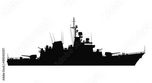 A stark black silhouette of a naval destroyer ship against a bright white background showcasing military power silhouette