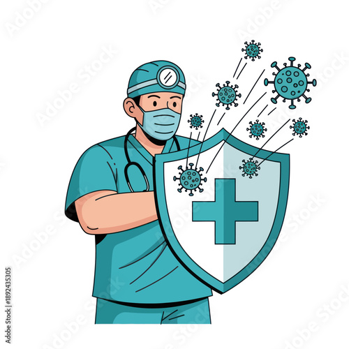 Doctor Holding Shield Against Viruses.