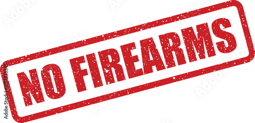 A distinct red rubber stamp with distressed texture boldly displays the words NO FIREARMS on a pure white background