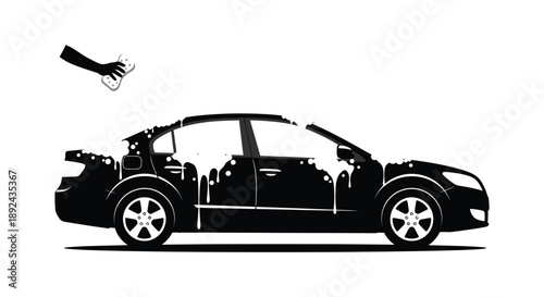 A sleek modern sedan is being washed with foam depicted in a striking black and white silhouette