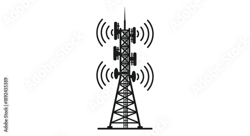 A detailed illustration depicts a tall cellular tower with radiating signal waves presented as a striking silhouette