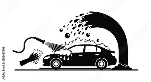 A detailed black and white illustration depicts a car being washed with soap and water presented as a silhouette