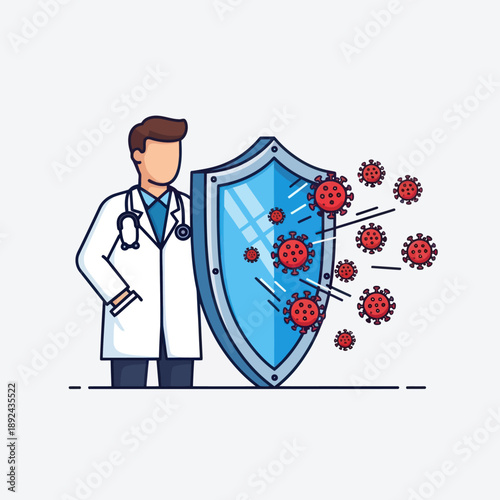 Doctor with Shield Protecting Against Viruses.