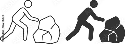 man rolls stone up hill black black outline icon set vector illustration design 