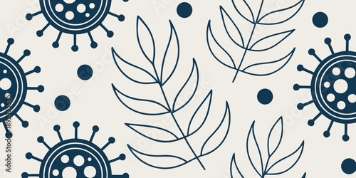 Seamless Abstract Virus and Botanical Leaf Pattern, Clean Flat Vector Illustration Combining Nature and Science for Healthcare, Research, and Educational Backgrounds