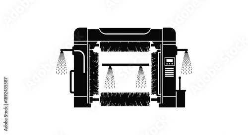 A detailed black silhouette depicts a modern automated car wash facility with rotating brushes and sprayers silhouette