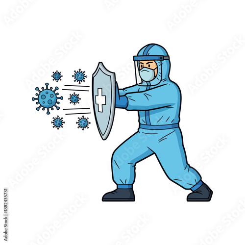 Healthcare Worker in Protective Suit Holding Shield.