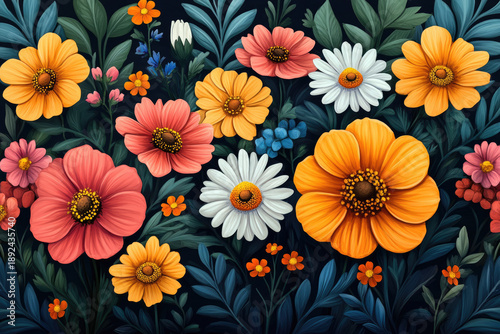 Hand-Painted Floral Design with Daisies and Whimsical Details