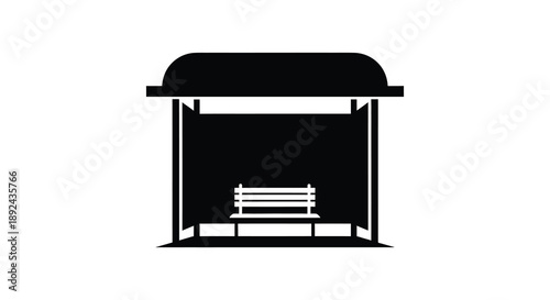A stark black silhouette depicts a bus stop with a bench showcasing a minimalist urban scene silhouette