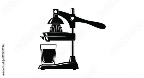 A vintage style citrus juicer with a glass of juice below presented as a striking silhouette high quality professional