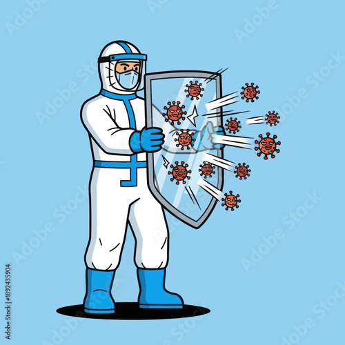 Healthcare Worker in Protective Suit Holding Shield.