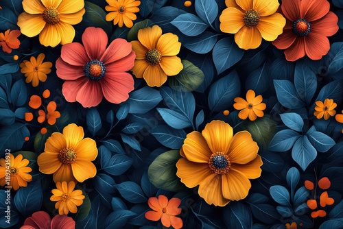 A Whimsical Floral Pattern in Dark Orange and Light Navy