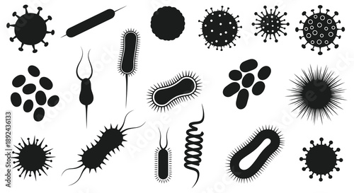 A collection of various black microorganisms and viruses are displayed in stark contrast a dark silhouette high quality