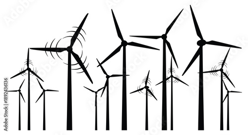 A striking black and white illustration depicts a field of wind turbines against a bright background a dramatic silhouette