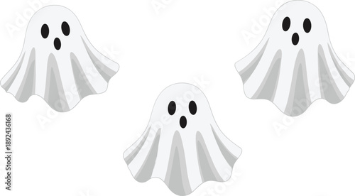 Spooky Halloween Ghost Vector Set with Three White Floating Spirits for Autumn Seasonal Decorations, Scary Party Invitations, and Playful Horror Graphic Designs