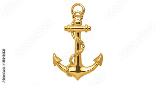 Golden anchor pendant with rope detail isolated on a transparent background jewelry nautical symbol